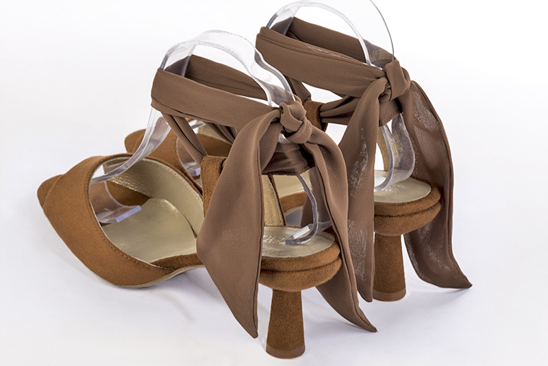 Caramel brown women's open back sandals, with a scarf around the ankle. Square toe. Medium spool heels. Rear view - Florence KOOIJMAN